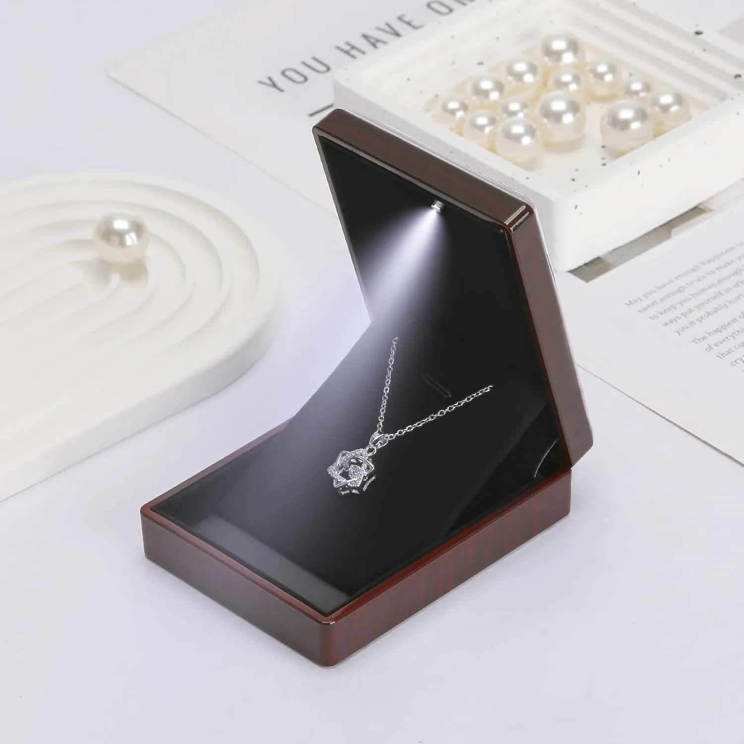 Wooden Jewelry Necklace Pendant Gift Box with LED Light, Small Velvet Lining Necklace Bracelet Display Holder Boxes for Wedding Christmas Engagement Birthday Anniversary (Style 3)