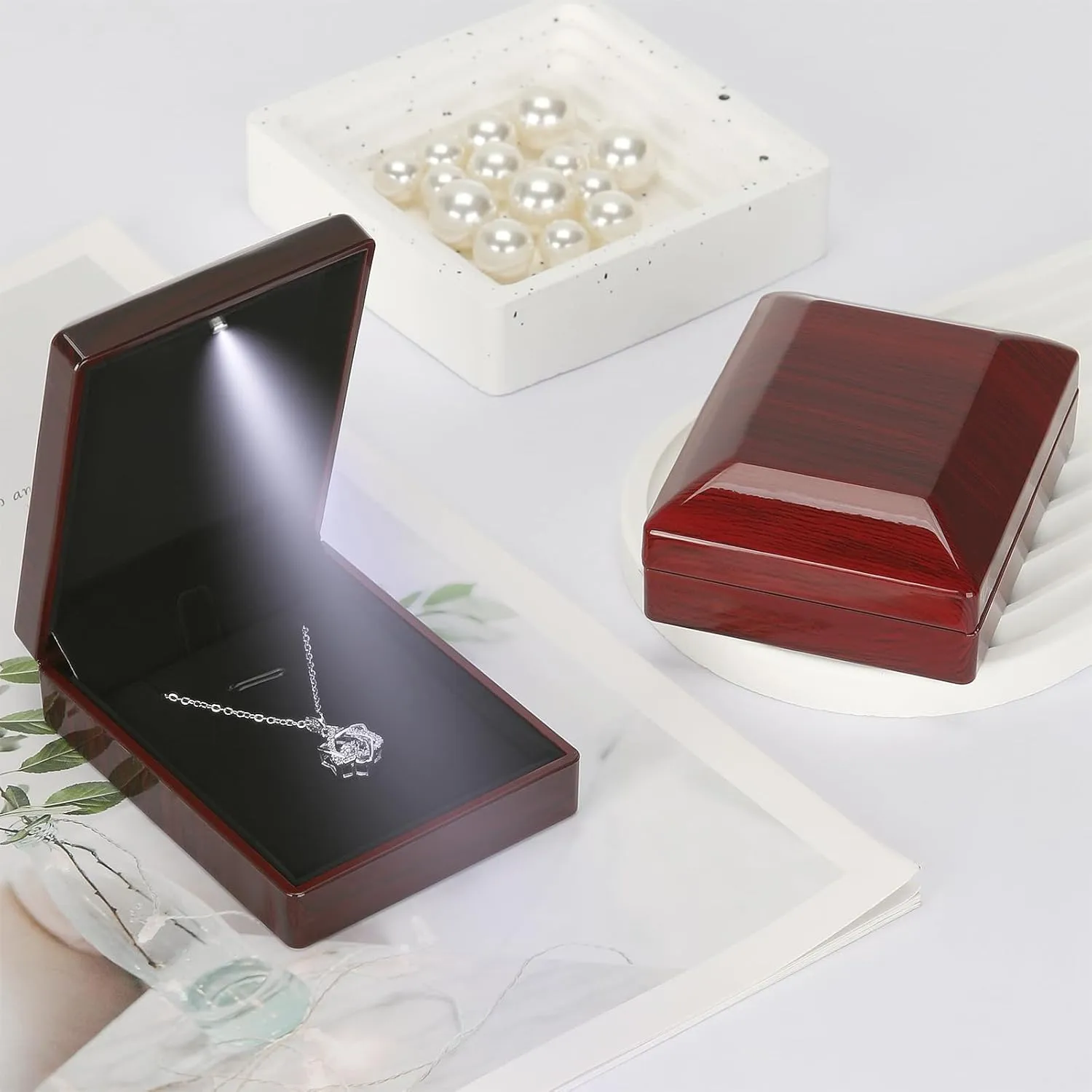 Wooden Jewelry Necklace Pendant Gift Box with LED Light, Small Velvet Lining Necklace Bracelet Display Holder Boxes for Wedding Christmas Engagement Birthday Anniversary (Style 3)