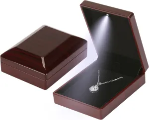 Wooden Jewelry Necklace Pendant Gift Box with LED Light, Small Velvet Lining Necklace Bracelet Display Holder Boxes for Wedding Christmas Engagement Birthday Anniversary (Style 3)