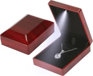 Wooden Jewelry Necklace Pendant Gift Box with LED Light, Small Velvet Lining Necklace Bracelet Display Holder Boxes for Wedding Christmas Engagement Birthday Anniversary (Style 4)