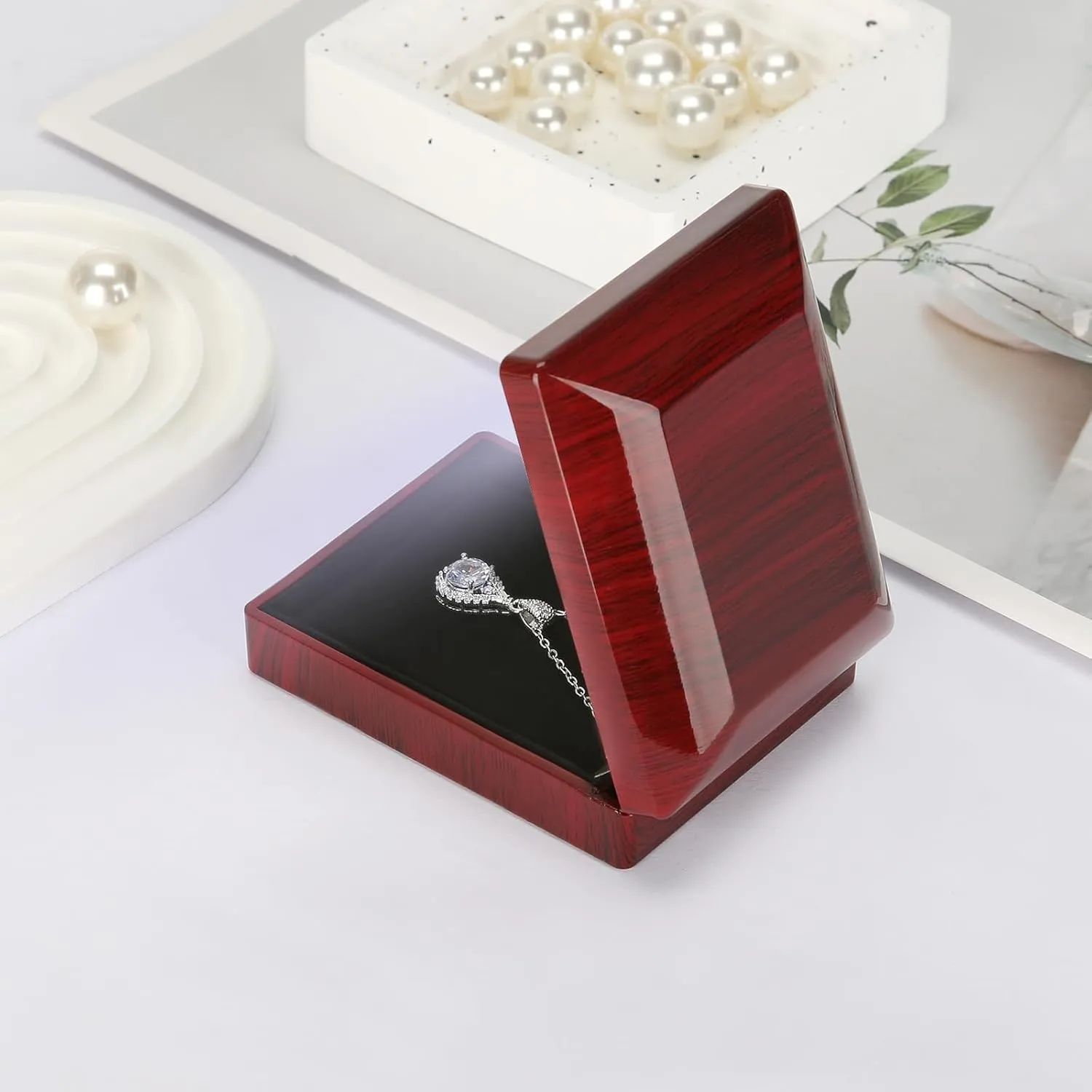 Wooden Jewelry Necklace Pendant Gift Box with LED Light, Small Velvet Lining Necklace Bracelet Display Holder Boxes for Wedding Christmas Engagement Birthday Anniversary (Style 4)