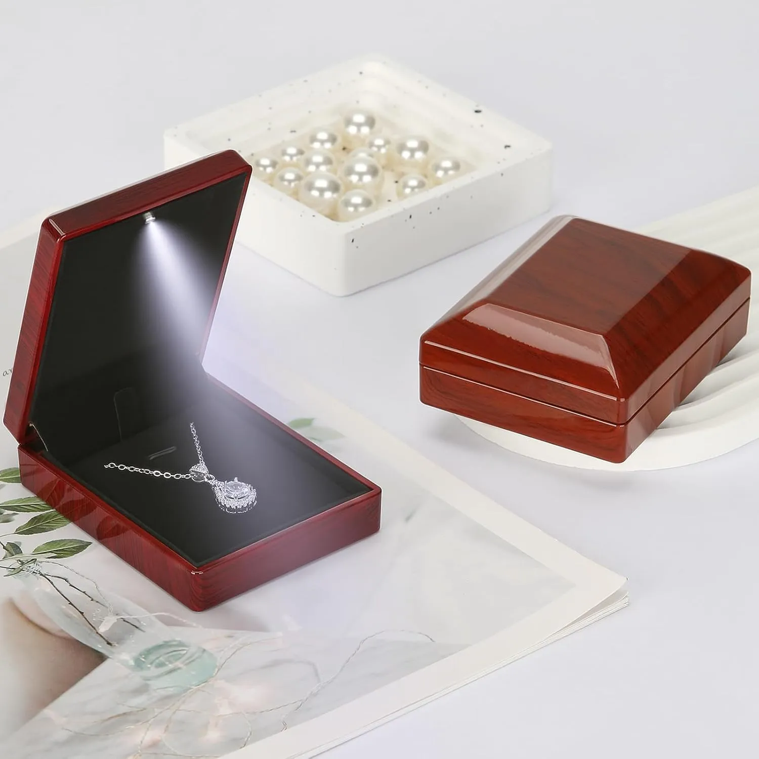 Wooden Jewelry Necklace Pendant Gift Box with LED Light, Small Velvet Lining Necklace Bracelet Display Holder Boxes for Wedding Christmas Engagement Birthday Anniversary (Style 4)