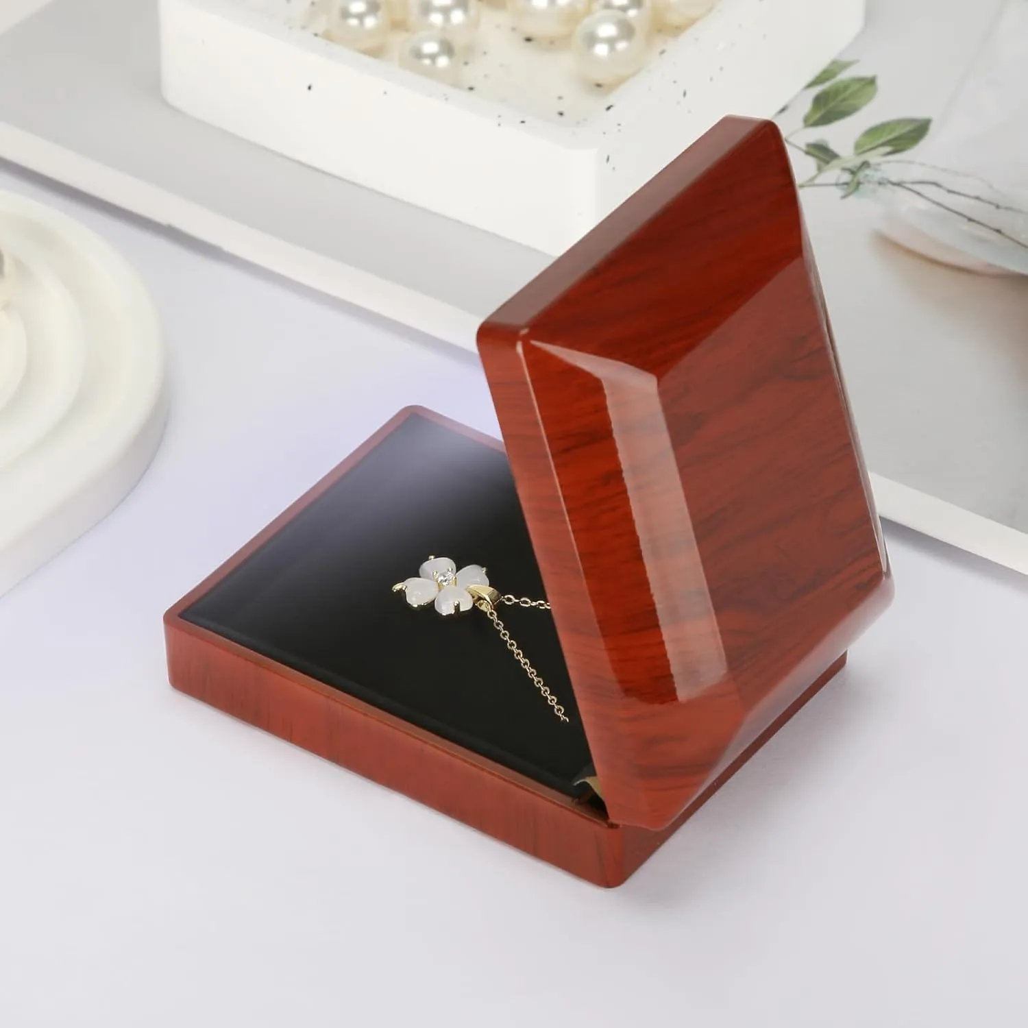 Wooden Jewelry Necklace Pendant Gift Box with LED Light, Small Velvet Lining Necklace Bracelet Display Holder Boxes for Wedding Christmas Engagement Birthday Anniversary (Style 5)