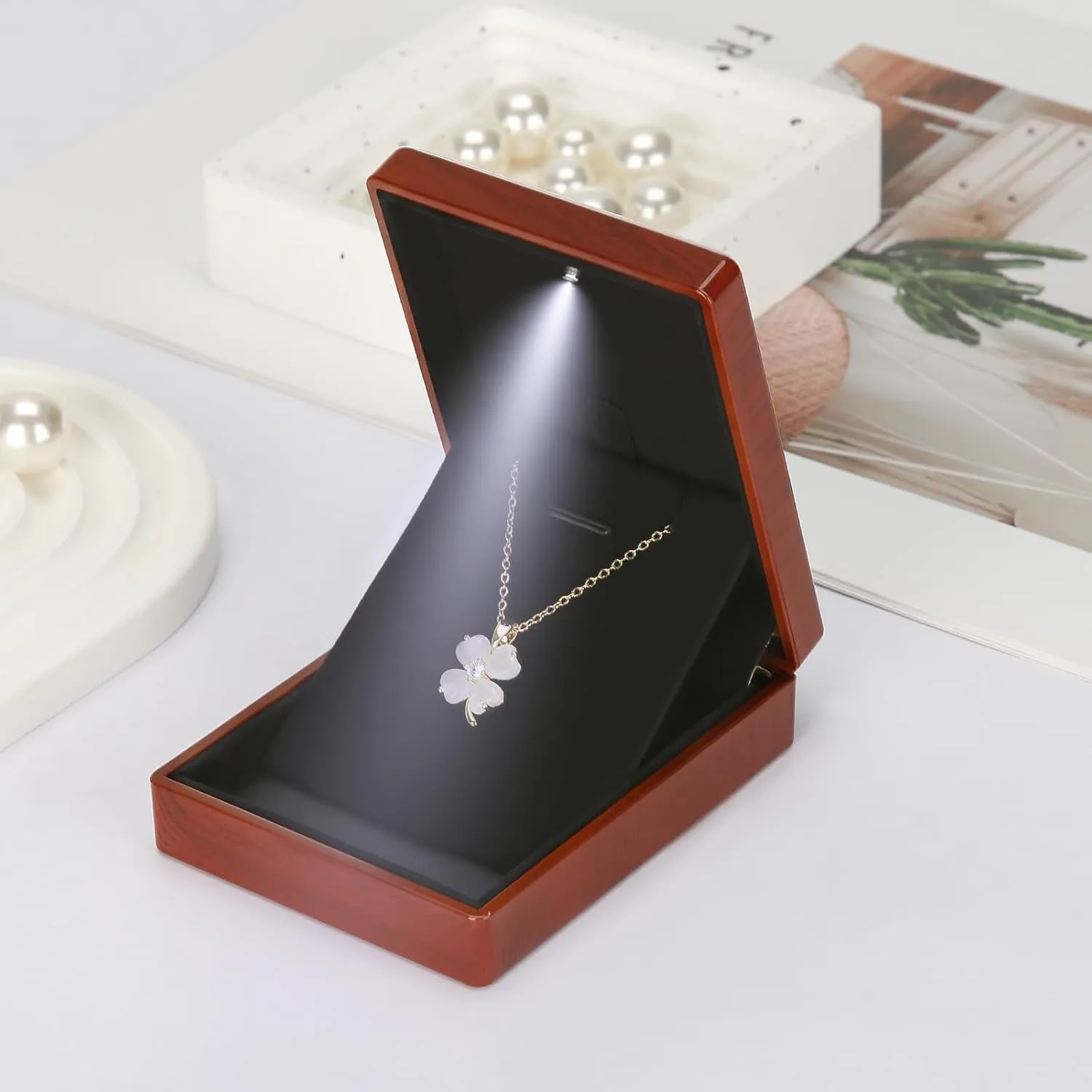 Wooden Jewelry Necklace Pendant Gift Box with LED Light, Small Velvet Lining Necklace Bracelet Display Holder Boxes for Wedding Christmas Engagement Birthday Anniversary (Style 5)