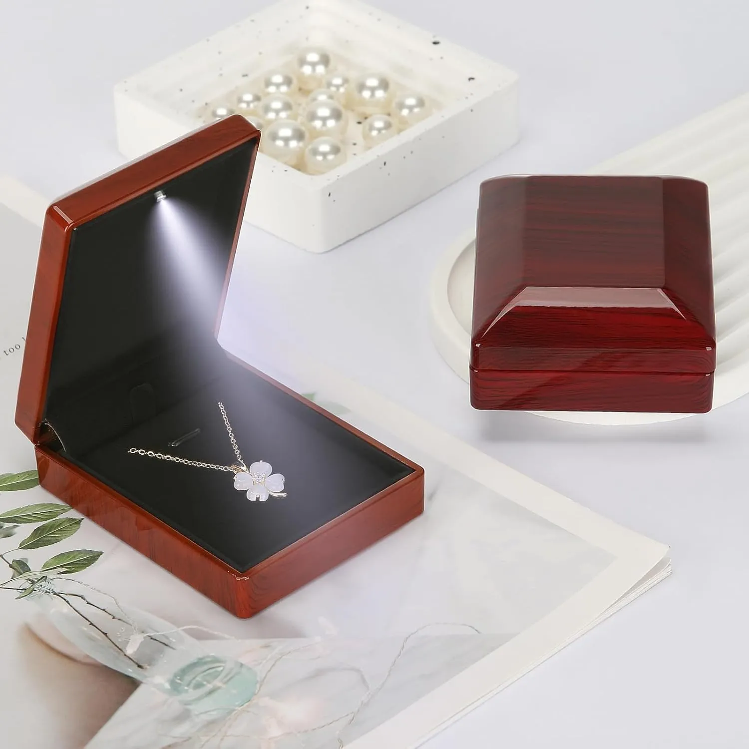 Wooden Jewelry Necklace Pendant Gift Box with LED Light, Small Velvet Lining Necklace Bracelet Display Holder Boxes for Wedding Christmas Engagement Birthday Anniversary (Style 5)