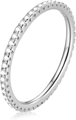 WOSTU 2MM Thin Band Eternity Rings 925 Sterling Silver Black Cubic Zirconia Egagement Rings Wedding Anniversary Stackable Rings Christmas Gifts for Her