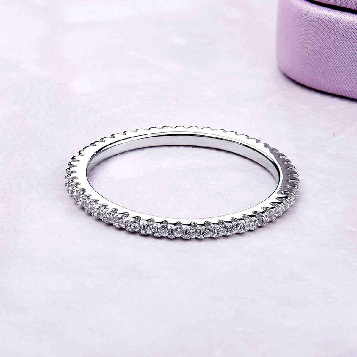 WOSTU 2MM Thin Band Eternity Rings 925 Sterling Silver Black Cubic Zirconia Egagement Rings Wedding Anniversary Stackable Rings Christmas Gifts for Her