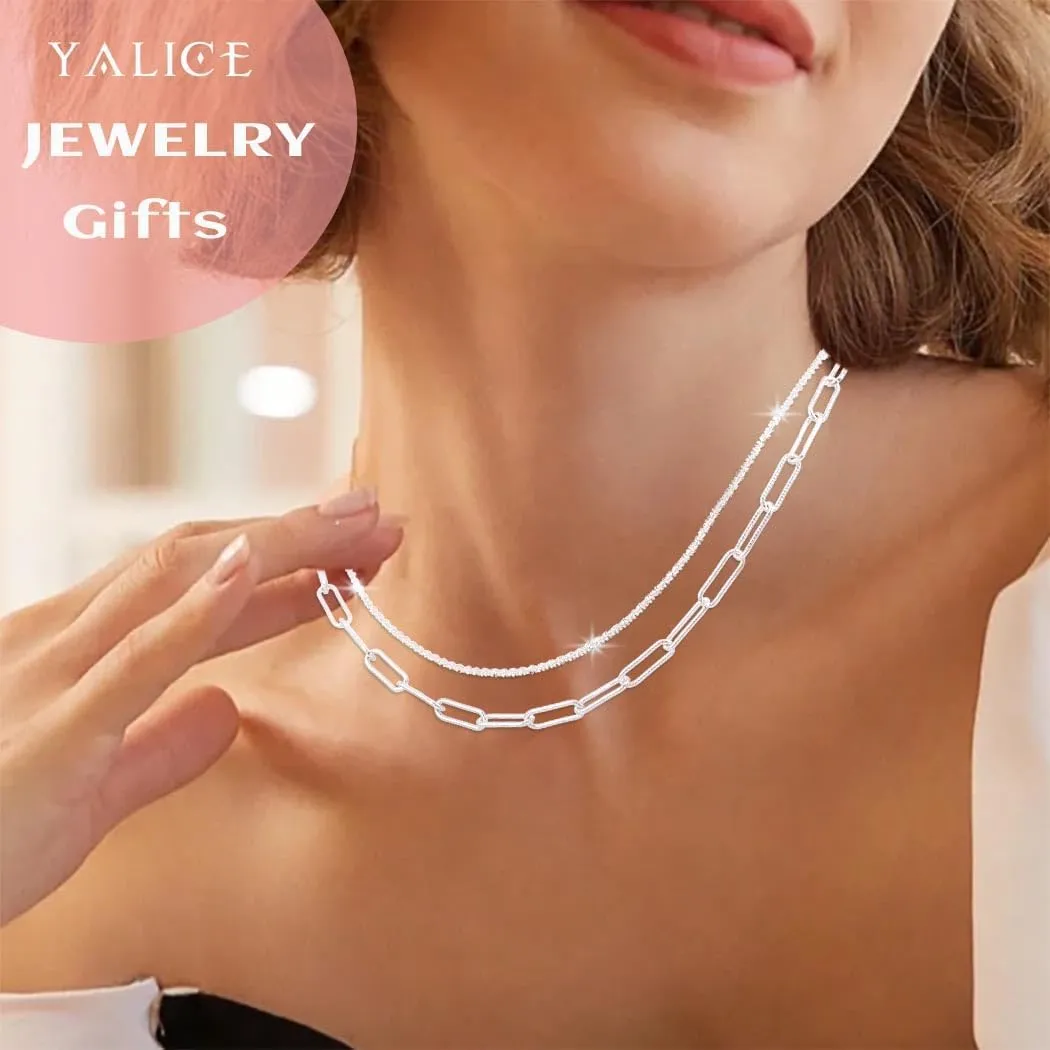 Yalice 925 Sterling Silver Sparkly Necklace Layered Dainty Chain Necklace Silver Cross Pendant Paperclip Necklaces Waterproof Minimalist Jewelry Gifts