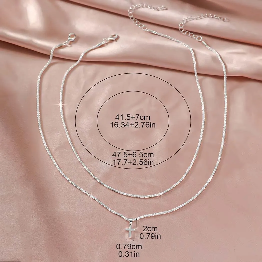 Yalice 925 Sterling Silver Sparkly Necklace Layered Dainty Chain Necklace Silver Cross Pendant Paperclip Necklaces Waterproof Minimalist Jewelry Gifts
