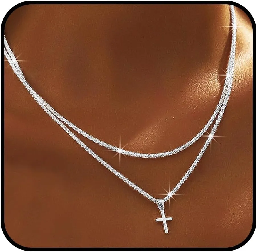 Yalice 925 Sterling Silver Sparkly Necklace Layered Dainty Chain Necklace Silver Cross Pendant Paperclip Necklaces Waterproof Minimalist Jewelry Gifts