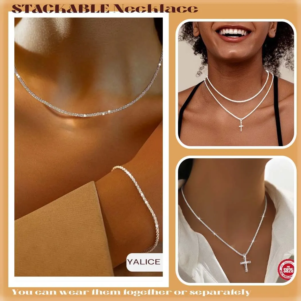 Yalice 925 Sterling Silver Sparkly Necklace Layered Dainty Chain Necklace Silver Cross Pendant Paperclip Necklaces Waterproof Minimalist Jewelry Gifts