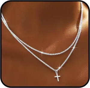 Yalice 925 Sterling Silver Sparkly Necklace Layered Dainty Chain Necklace Silver Cross Pendant Paperclip Necklaces Waterproof Minimalist Jewelry Gifts