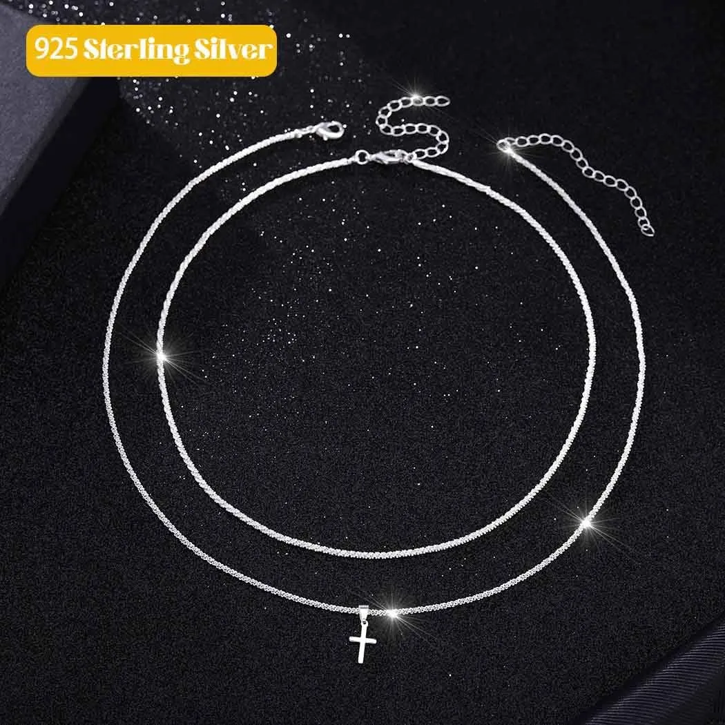 Yalice 925 Sterling Silver Sparkly Necklace Layered Dainty Chain Necklace Silver Cross Pendant Paperclip Necklaces Waterproof Minimalist Jewelry Gifts