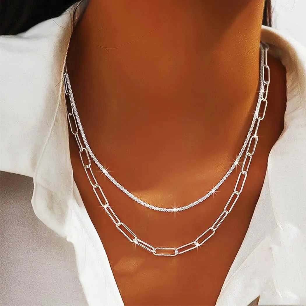 Yalice 925 Sterling Silver Sparkly Necklace Layered Dainty Chain Necklace Silver Cross Pendant Paperclip Necklaces Waterproof Minimalist Jewelry Gifts