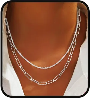 Yalice 925 Sterling Silver Sparkly Necklace Layered Dainty Chain Necklace Silver Cross Pendant Paperclip Necklaces Waterproof Minimalist Jewelry Gifts