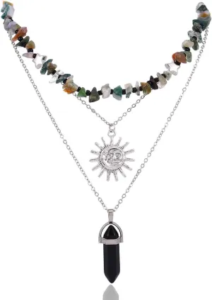 Yalice Natural Stone Beaded Choker Necklace Moon Layered Crystal Pendant Necklaces Chain Gemstone Neck Chain Beach Surfer Jewelry for Women Gift