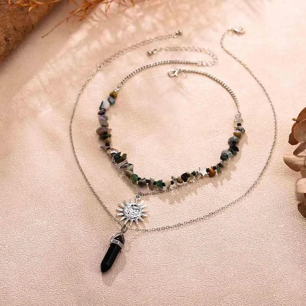 Yalice Natural Stone Beaded Choker Necklace Moon Layered Crystal Pendant Necklaces Chain Gemstone Neck Chain Beach Surfer Jewelry for Women Gift