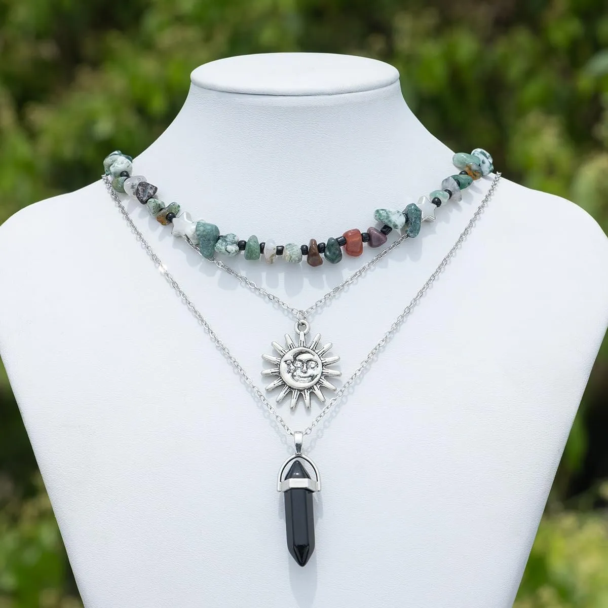 Yalice Natural Stone Beaded Choker Necklace Moon Layered Crystal Pendant Necklaces Chain Gemstone Neck Chain Beach Surfer Jewelry for Women Gift