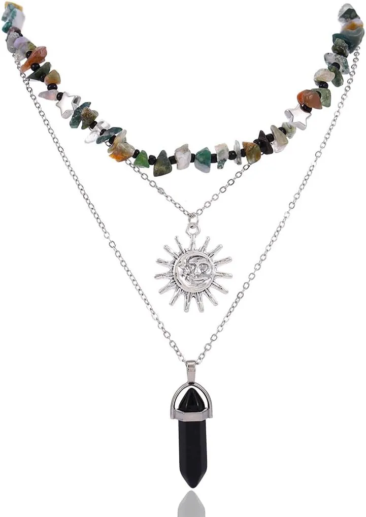 Yalice Natural Stone Beaded Choker Necklace Moon Layered Crystal Pendant Necklaces Chain Gemstone Neck Chain Beach Surfer Jewelry for Women Gift