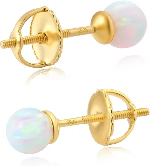 YAMI Opal Stud Earrings with Screw Back for Women,S925 Sterling Silver Plated with Gold, Gemstone Cartilage Earrings October Birthstone, Hypoallergenic Jewelry Gifts, 3-6mm