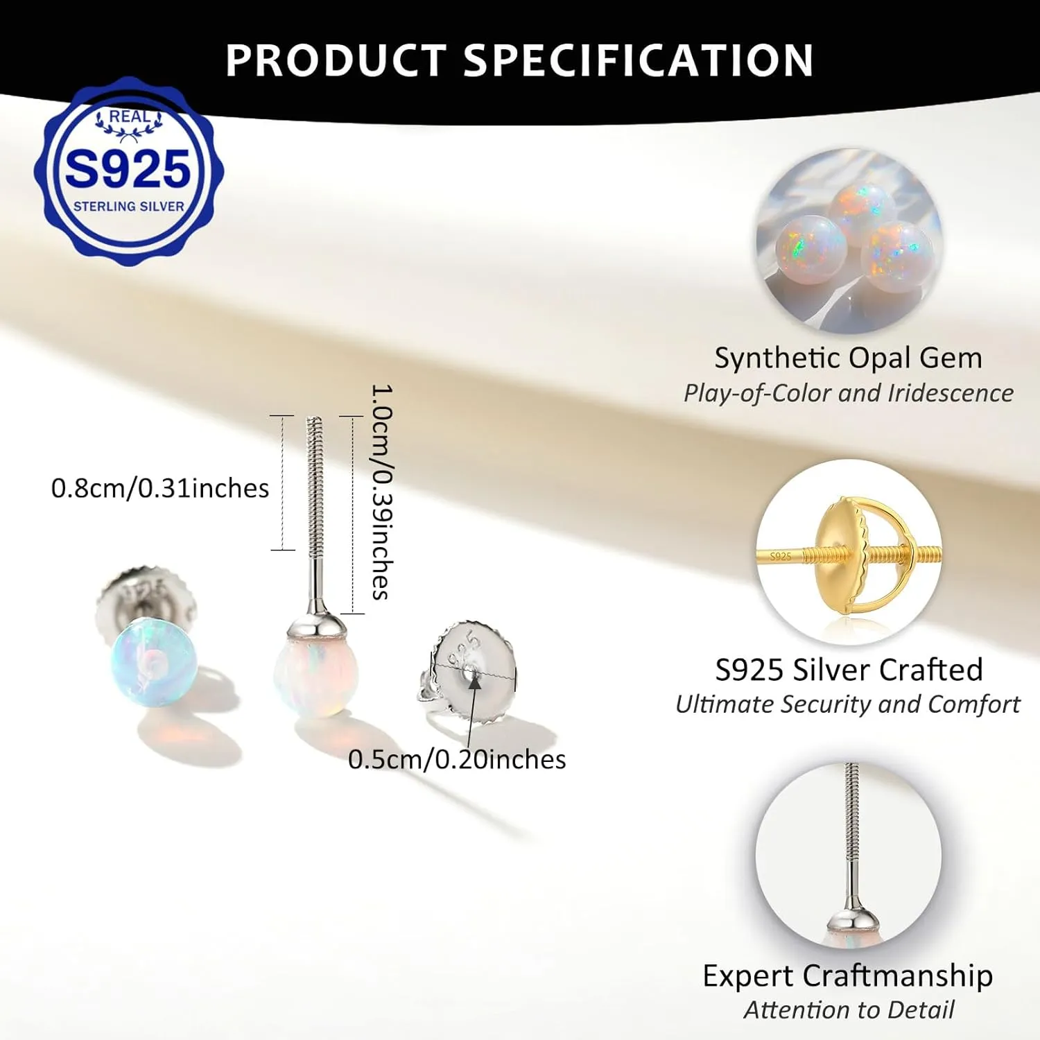 YAMI Opal Stud Earrings with Screw Back for Women,S925 Sterling Silver Plated with Gold, Gemstone Cartilage Earrings October Birthstone, Hypoallergenic Jewelry Gifts, 3-6mm