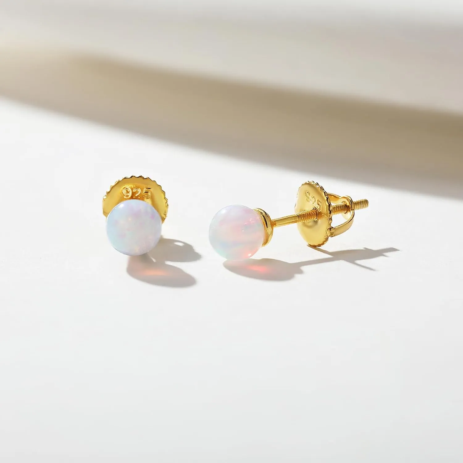 YAMI Opal Stud Earrings with Screw Back for Women,S925 Sterling Silver Plated with Gold, Gemstone Cartilage Earrings October Birthstone, Hypoallergenic Jewelry Gifts, 3-6mm