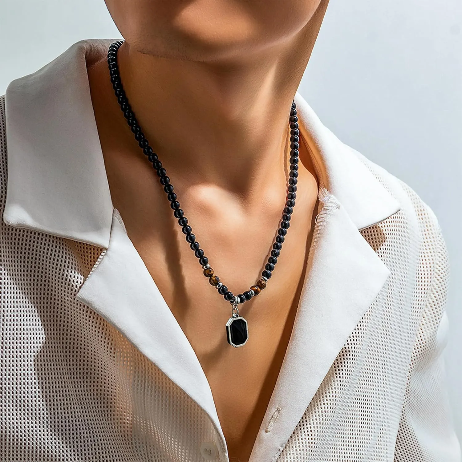YANCHUN Necklace for Men Chains Puka Shell Black Beaded Necklaces Beach Seashell Necklace Jewelry for Men Birthday Father Day Gifts for Dad Husband