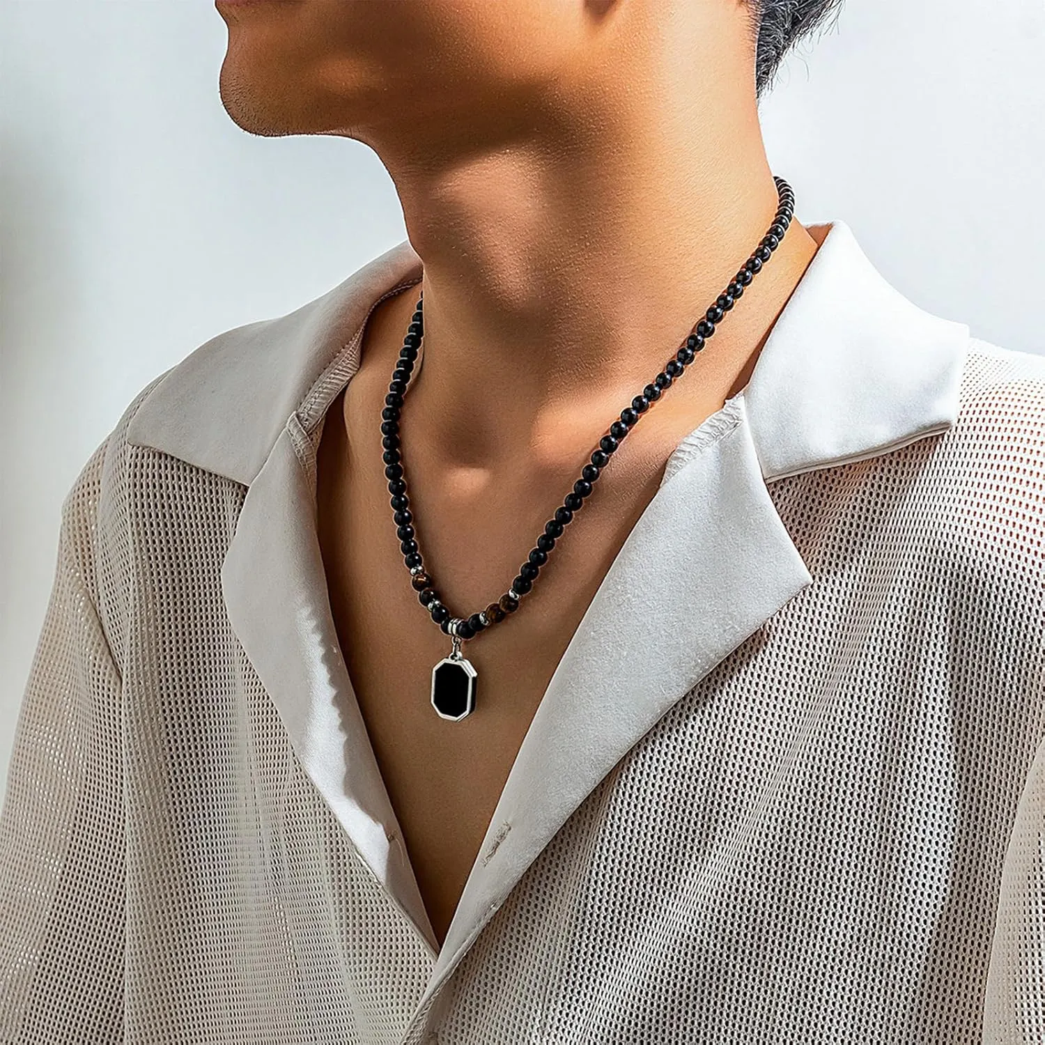 YANCHUN Necklace for Men Chains Puka Shell Black Beaded Necklaces Beach Seashell Necklace Jewelry for Men Birthday Father Day Gifts for Dad Husband