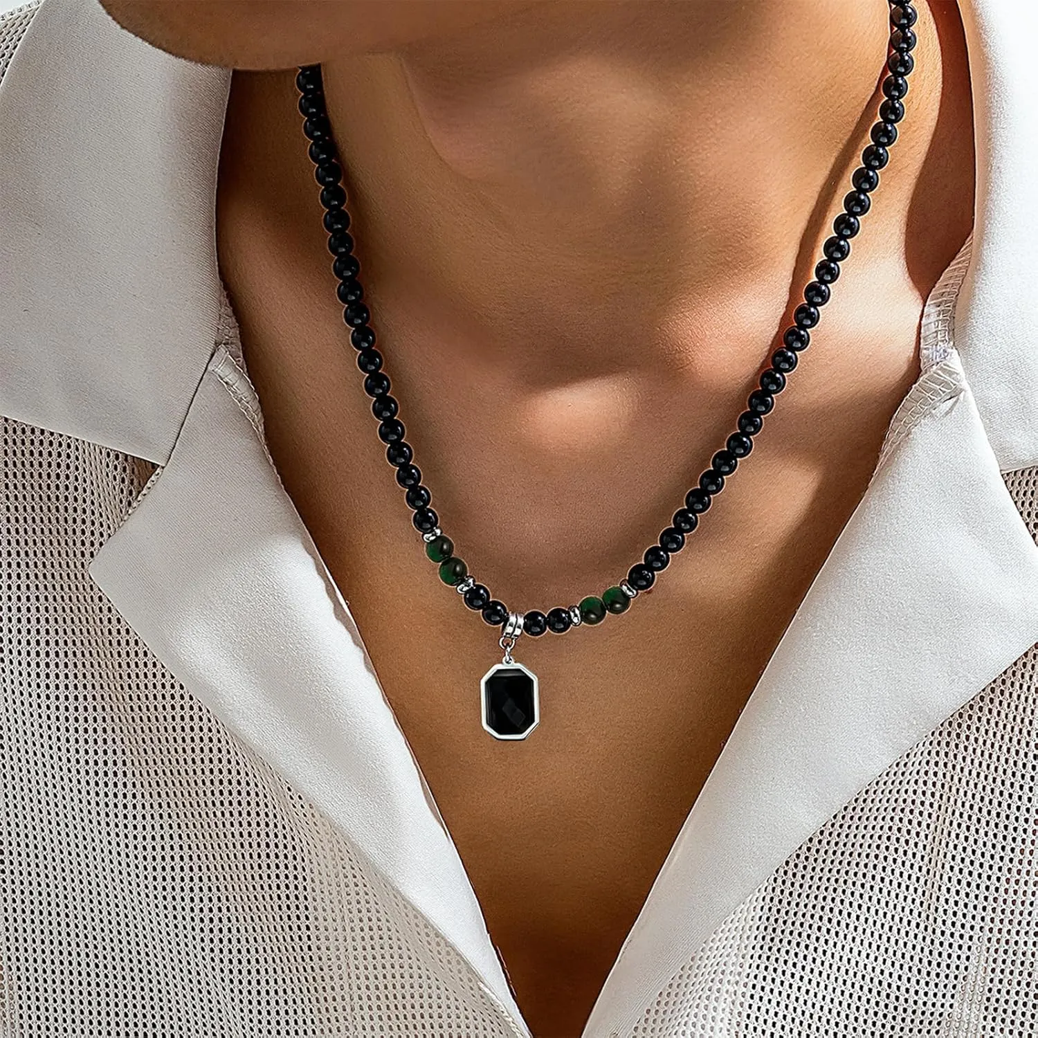 YANCHUN Necklace for Men Chains Puka Shell Black Beaded Necklaces Beach Seashell Necklace Jewelry for Men Birthday Father Day Gifts for Dad Husband