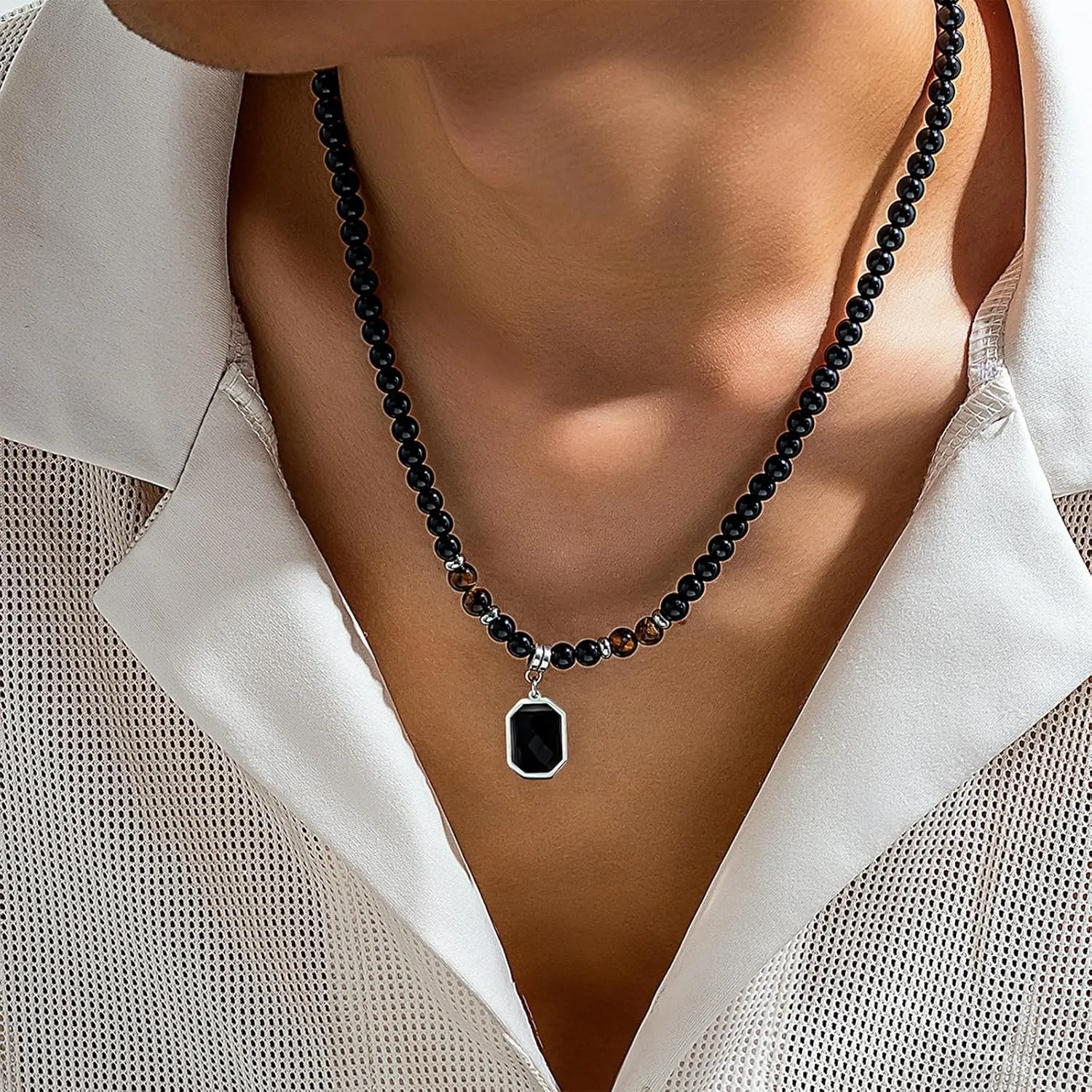 YANCHUN Necklace for Men Chains Puka Shell Black Beaded Necklaces Beach Seashell Necklace Jewelry for Men Birthday Father Day Gifts for Dad Husband