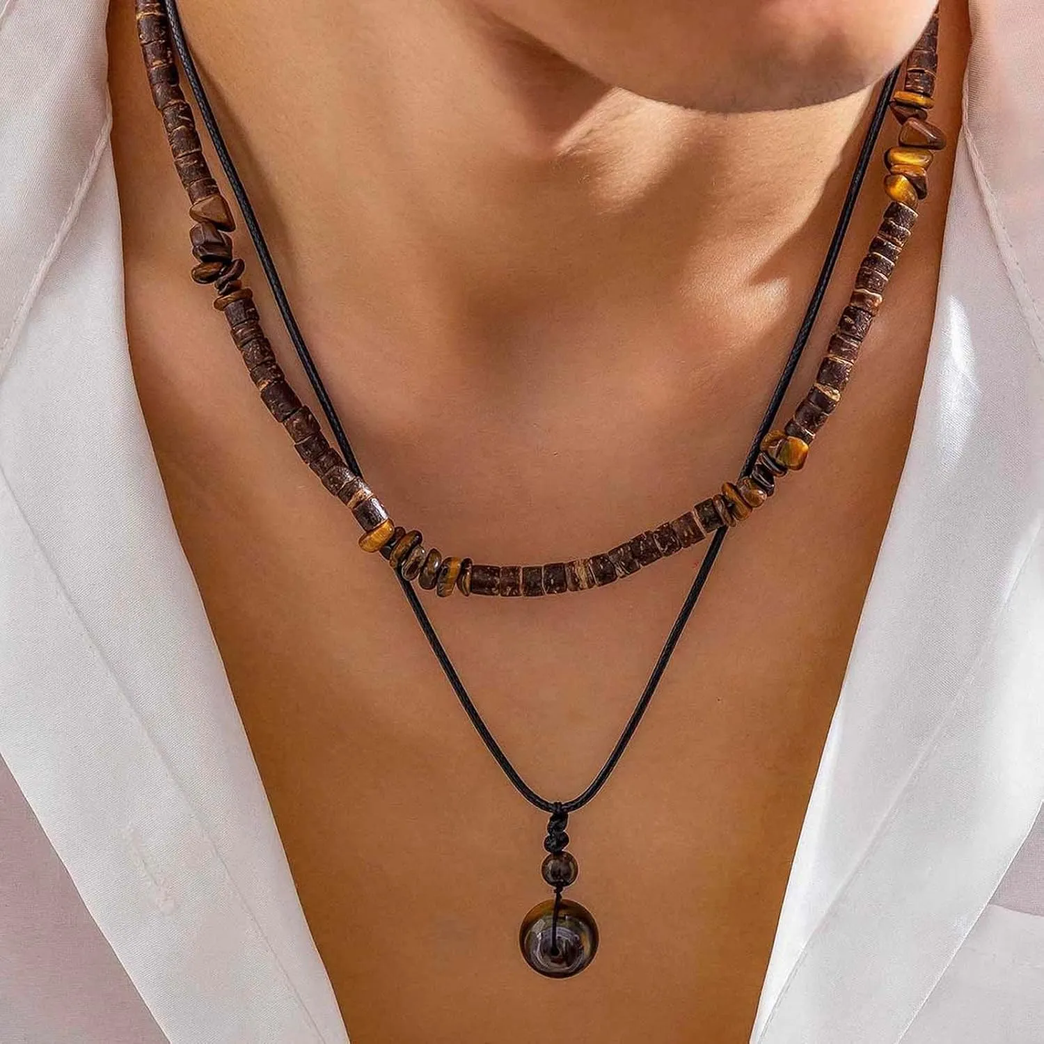 YANCHUN Necklace for Men Chains Puka Shell Black Beaded Necklaces Beach Seashell Necklace Jewelry for Men Birthday Father Day Gifts for Dad Husband