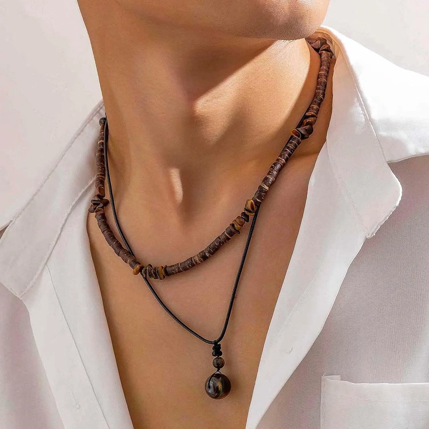 YANCHUN Necklace for Men Chains Puka Shell Black Beaded Necklaces Beach Seashell Necklace Jewelry for Men Birthday Father Day Gifts for Dad Husband