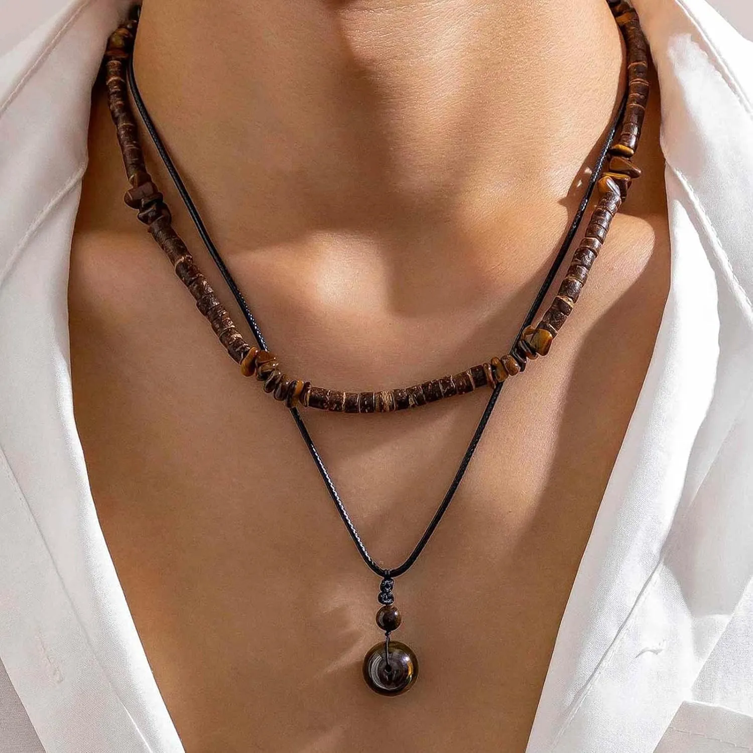 YANCHUN Necklace for Men Chains Puka Shell Black Beaded Necklaces Beach Seashell Necklace Jewelry for Men Birthday Father Day Gifts for Dad Husband