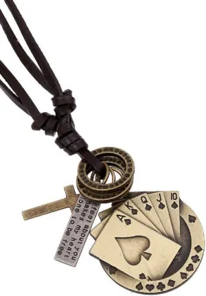 Yeahgoshopping Handmade Vintage Playing Poker Cards Pendant Necklace, Leather Cord, Bronze or Silver Cross Charm Europe Style for Unisex