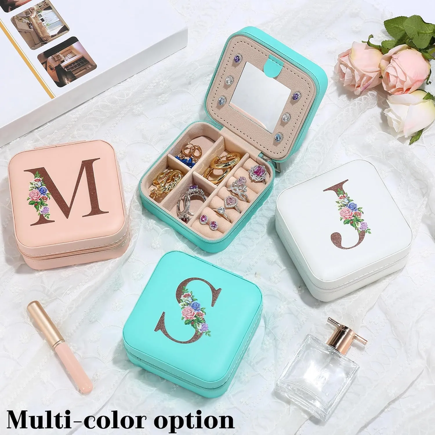 Yesteel Initial Small Travel Jewelry Case, Travel Portable Jewelry Box for Rings Earrings Necklace Bracelet Organizer Storage Holder Boxes With Mirror Initial P