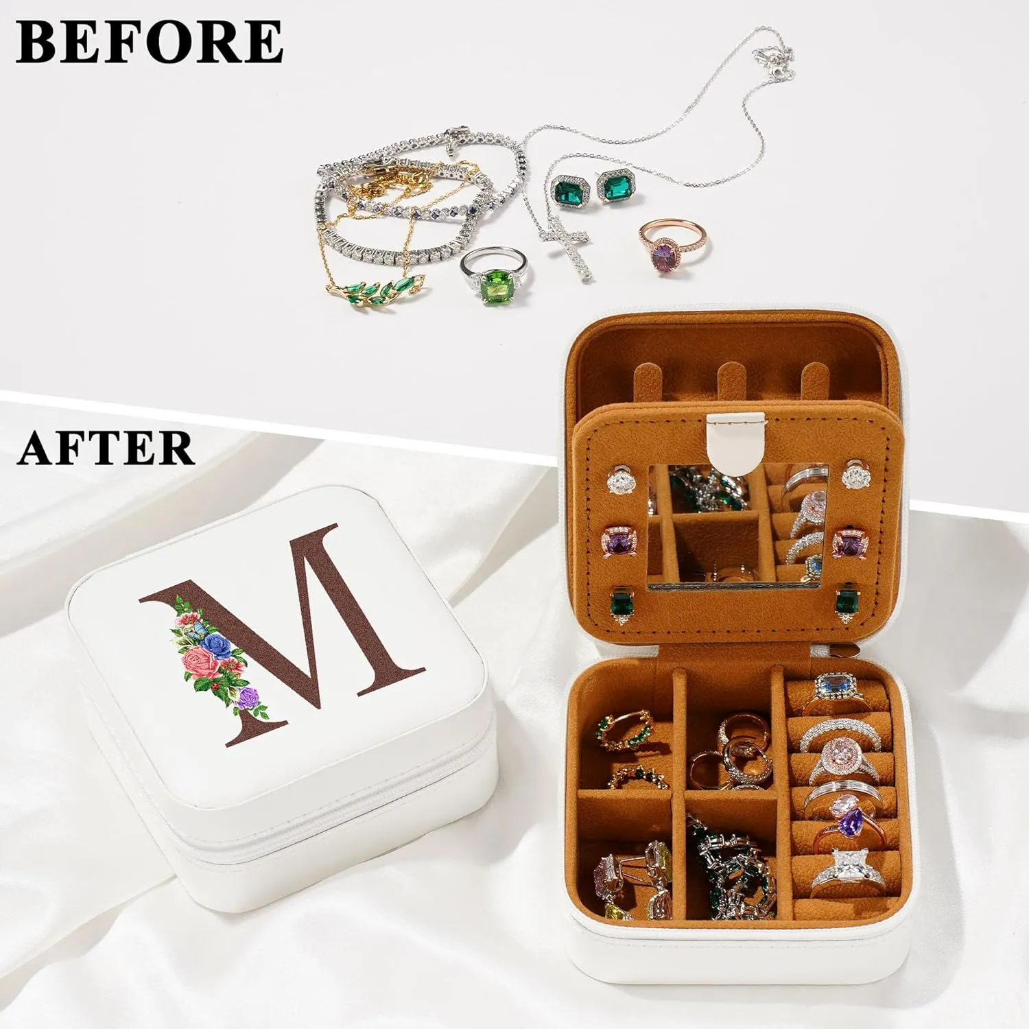 Yesteel Initial Small Travel Jewelry Case, Travel Portable Jewelry Box for Rings Earrings Necklace Bracelet Organizer Storage Holder Boxes With Mirror Initial P
