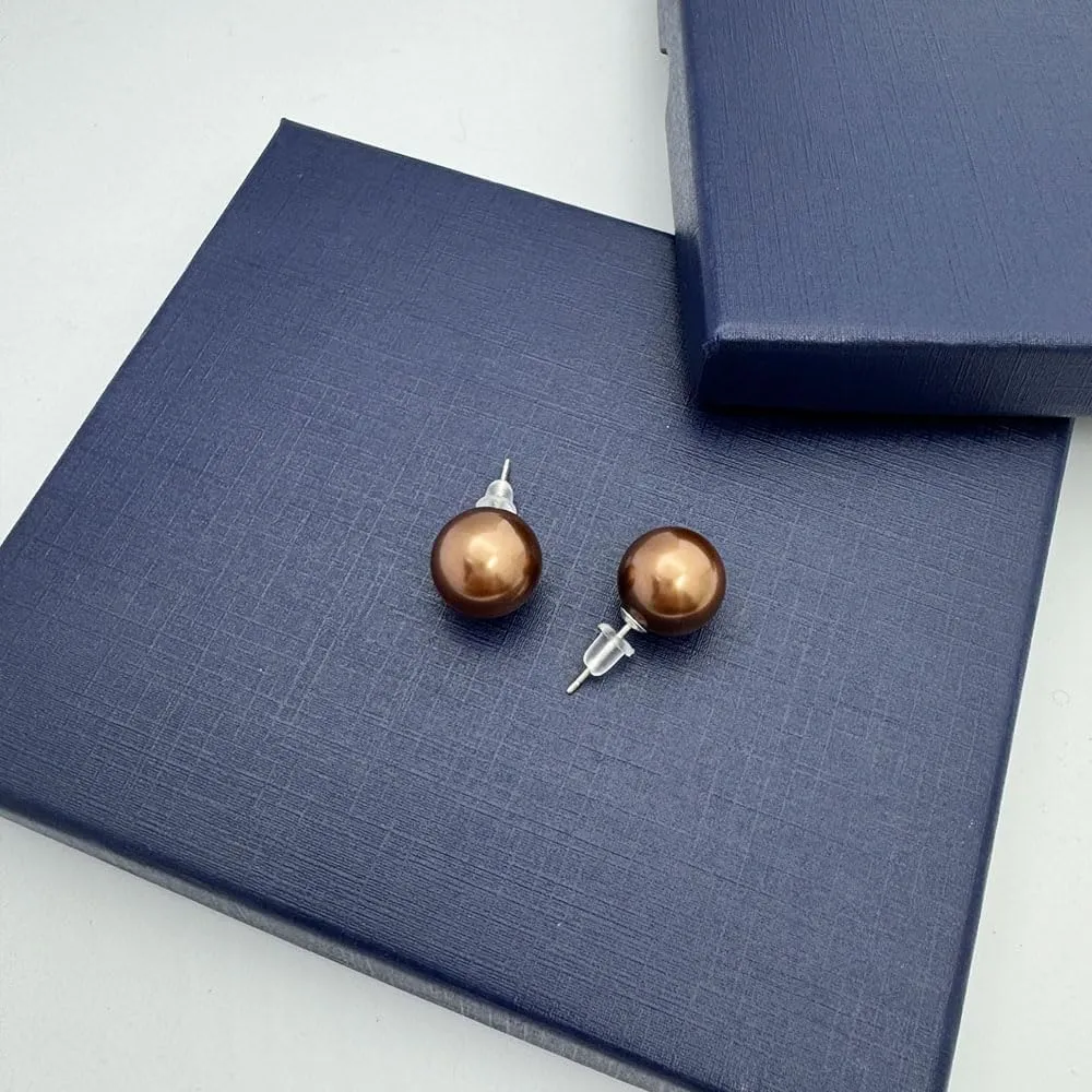 YING LAN 925 Sterling Silver Simulated Shell Pearl Earrings for Women,Classic Round Large Ear Studs
