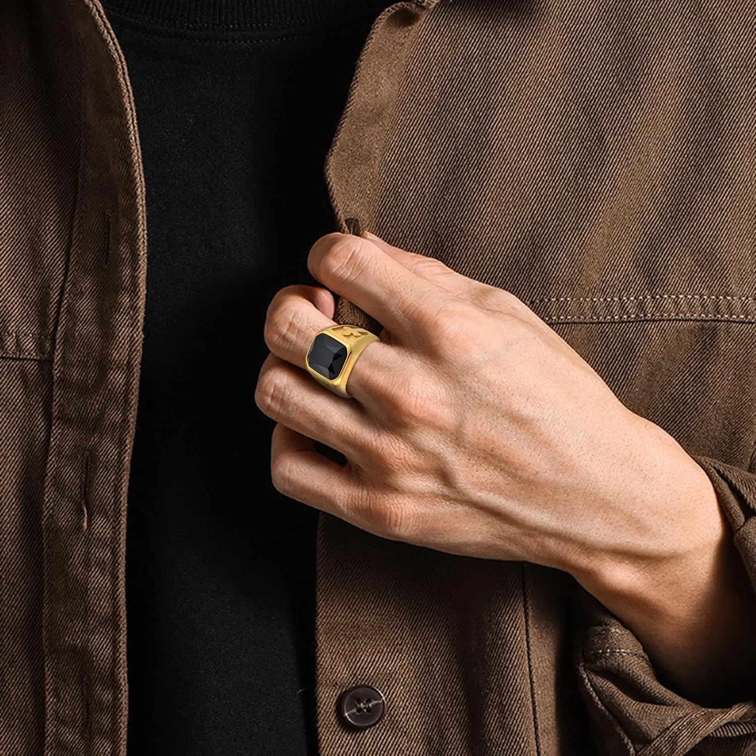 YL Men's Gemstone Cross Rings Titanium Steel Square Signet Rings Wedding Statement Band Vintage Jewelry