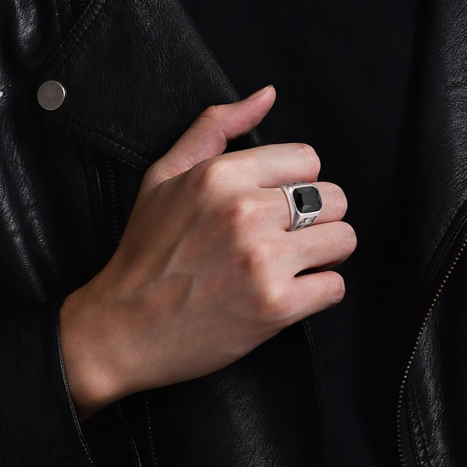 YL Men's Gemstone Cross Rings Titanium Steel Square Signet Rings Wedding Statement Band Vintage Jewelry