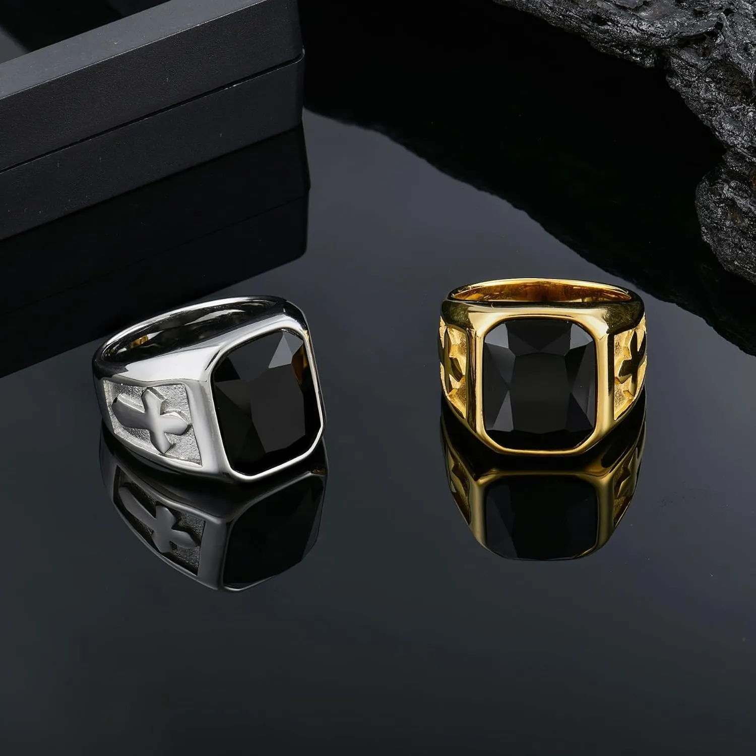 YL Men's Gemstone Cross Rings Titanium Steel Square Signet Rings Wedding Statement Band Vintage Jewelry