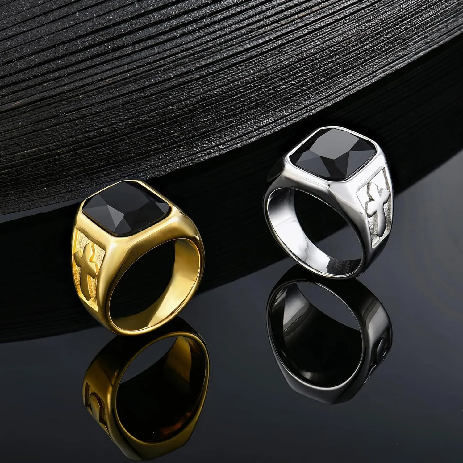 YL Men's Gemstone Cross Rings Titanium Steel Square Signet Rings Wedding Statement Band Vintage Jewelry
