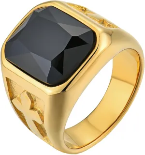 YL Men's Gemstone Cross Rings Titanium Steel Square Signet Rings Wedding Statement Band Vintage Jewelry