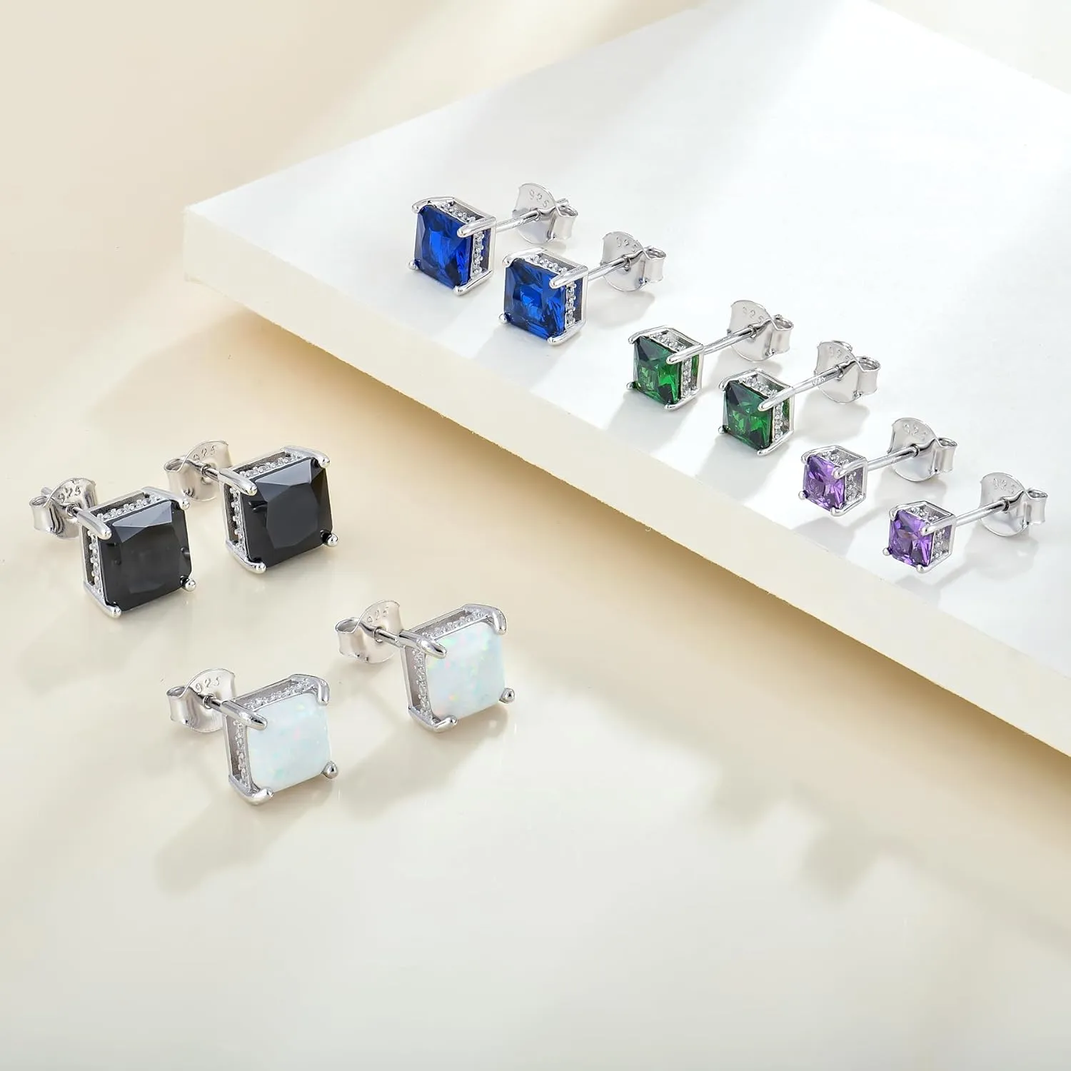 YL Solitaire Square Earrings 925 Sterling Silver Stud Earrings 4-8 MM Princess Cut Birthstone Jewelry for Women
