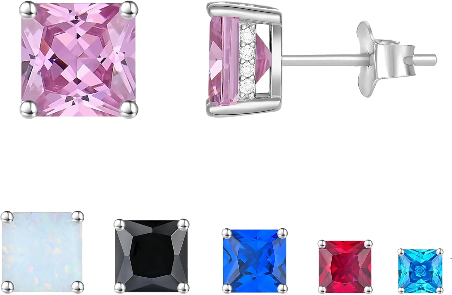 YL Solitaire Square Earrings 925 Sterling Silver Stud Earrings 4-8 MM Princess Cut Birthstone Jewelry for Women