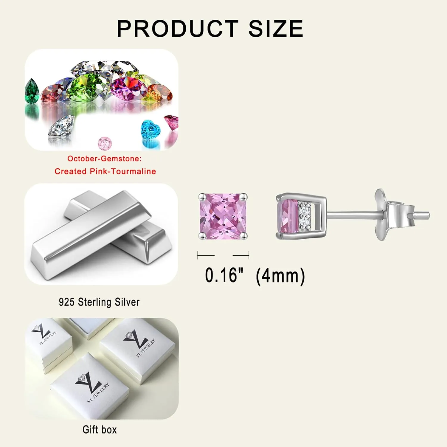 YL Solitaire Square Earrings 925 Sterling Silver Stud Earrings 4-8 MM Princess Cut Birthstone Jewelry for Women
