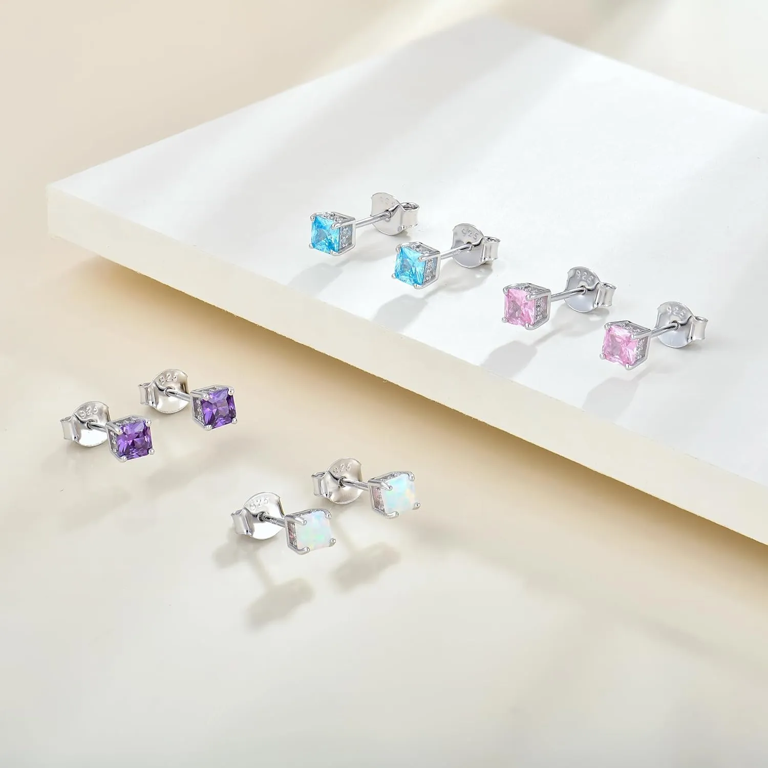 YL Solitaire Square Earrings 925 Sterling Silver Stud Earrings 4-8 MM Princess Cut Birthstone Jewelry for Women