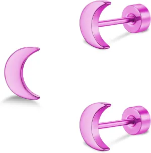 ZDE Women Flat Back Moon Earrings Non-Nickel Earrings Titanium Hypoallergenic Cartilage Earrings Stud for Sensitive Ears Simple Classic 5mm Flat Stud Earring