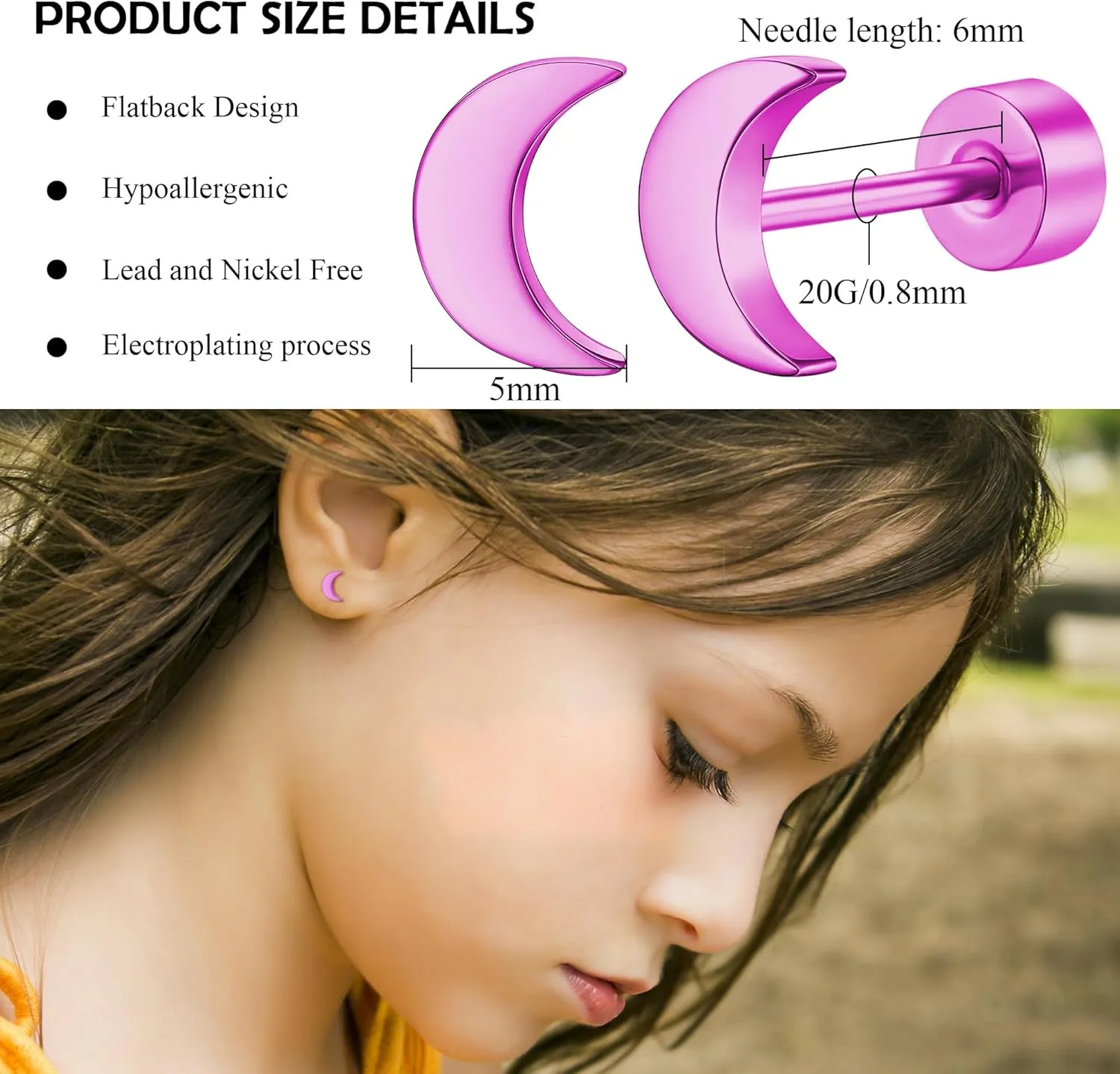 ZDE Women Flat Back Moon Earrings Non-Nickel Earrings Titanium Hypoallergenic Cartilage Earrings Stud for Sensitive Ears Simple Classic 5mm Flat Stud Earring