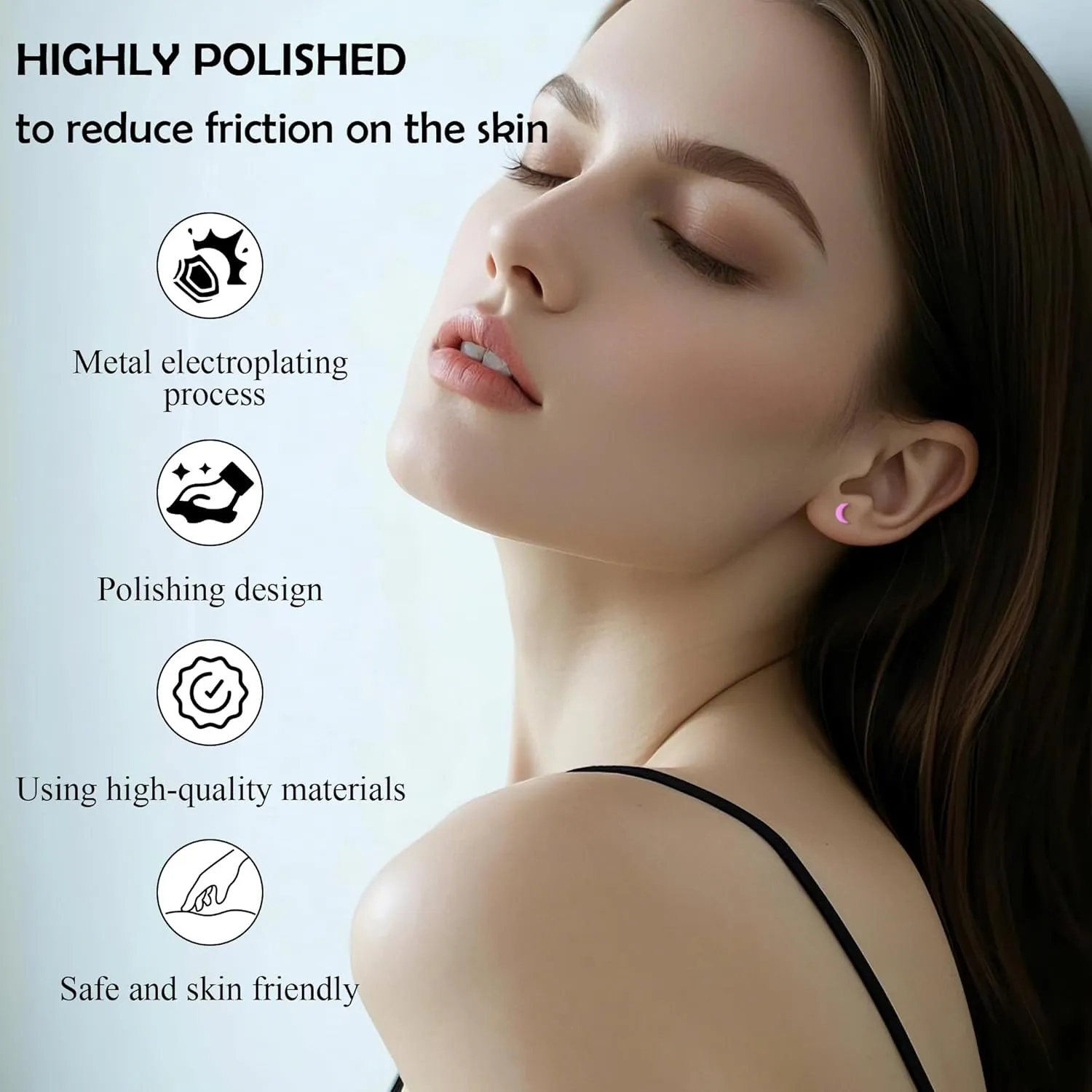 ZDE Women Flat Back Moon Earrings Non-Nickel Earrings Titanium Hypoallergenic Cartilage Earrings Stud for Sensitive Ears Simple Classic 5mm Flat Stud Earring