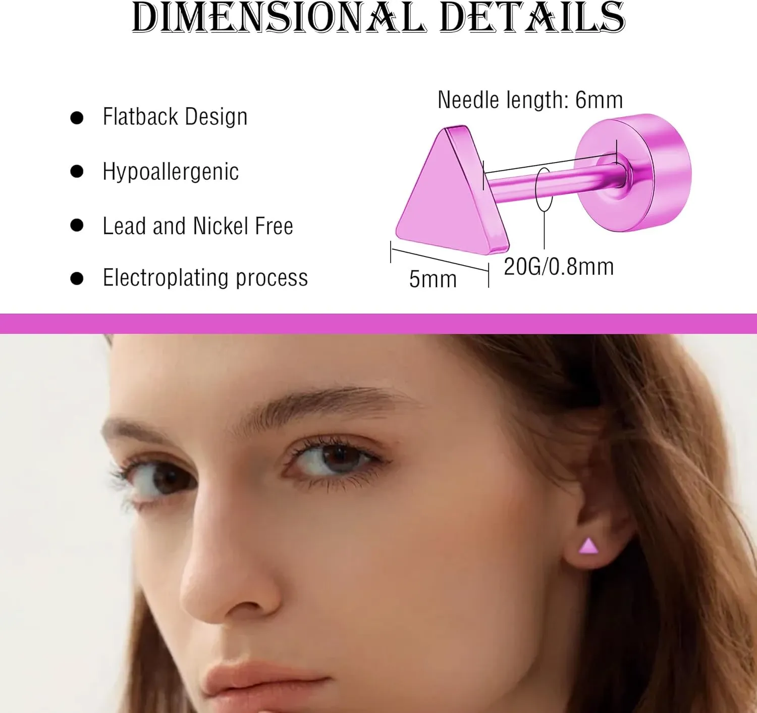 ZDE Women Flat Back Triangle Earrings Non-Nickel Earrings Titanium Hypoallergenic Cartilage Earrings Stud for Sensitive Ears Simple Classic 5mm Flat Stud Earrings